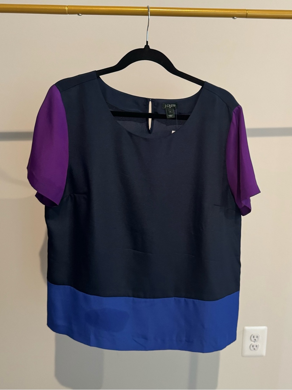 J. Crew Colorblock Short Sleeve Blouse in Purple, Navy & Blue - Size L NWT